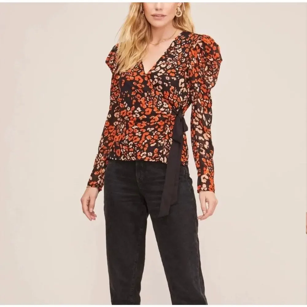 ASTR The Label Lissa Leopard Wrap Top XS Puff Sleeve Orange Black Tie Side